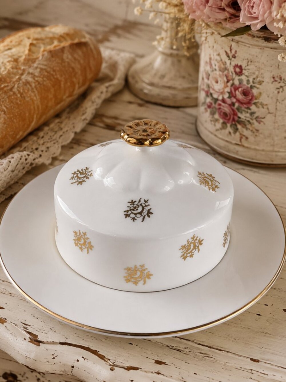 Vintage Royal Albert Bone China Cheese Dish Butter Dish Gold Motif